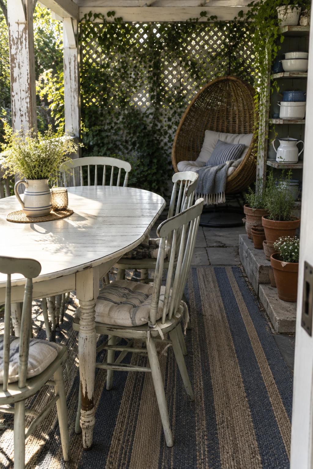 An outdoor patio under a white pergola shows a distressed wooden dining table with mismatched chairs on a striped rug, a hanging wicker egg chair with cushions, and potted plants along stone steps.