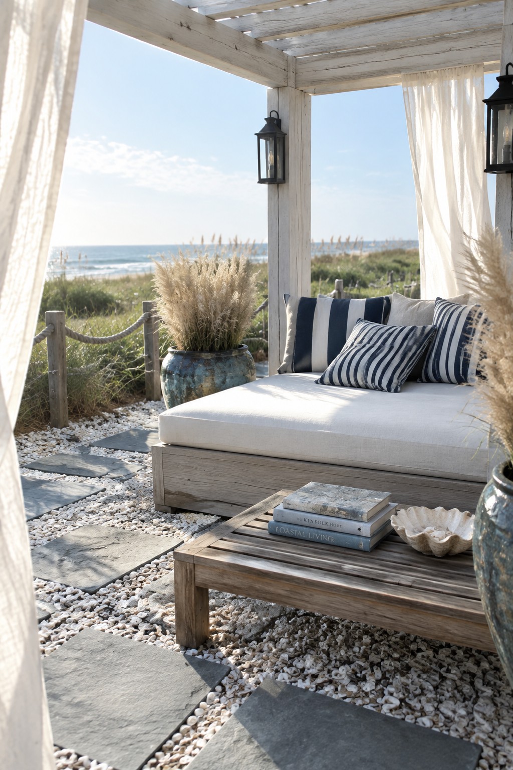 A wooden pergola with white curtains shades a large cushioned daybed with striped pillows on a pebble and stone patio near the ocean.