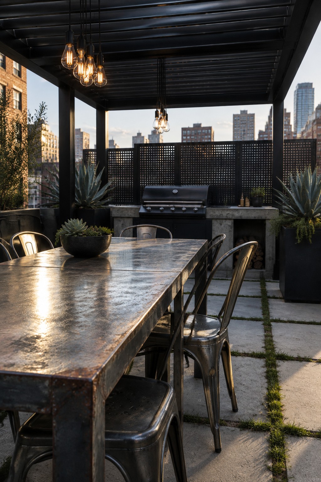 Rooftop patio with metal dining table, chairs, grill, hanging lights, and city skyline.