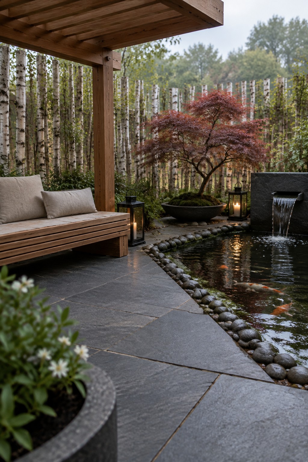 A wooden pergola shelters a cushioned bench on a stone patio next to a koi pond with a small waterfall and a red Japanese maple tree.