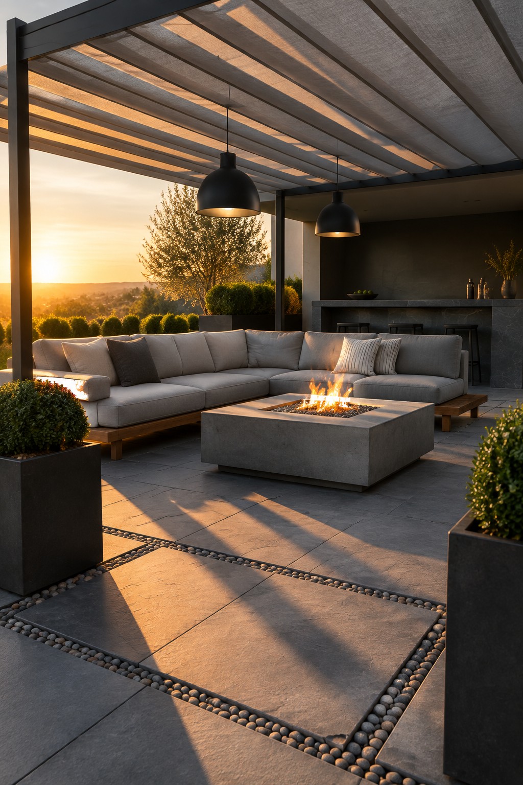 A modern outdoor patio with a gray pergola shading a large sectional sofa arranged around a concrete fire pit, set on stone pavers at sunset.
