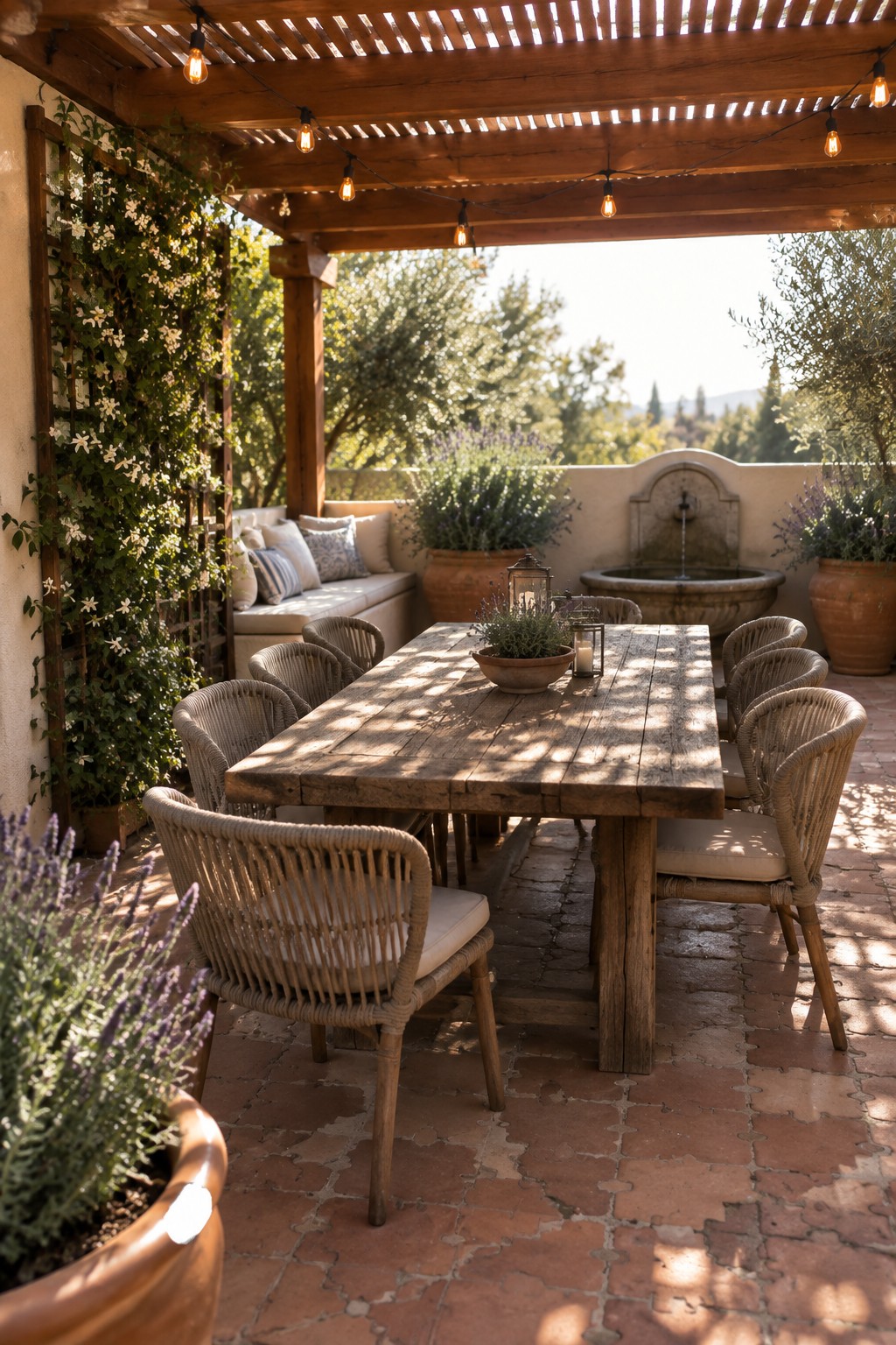 A wooden pergola with string lights over a long dining table and woven chairs on a brick patio, with potted plants and a stone fountain in the background.