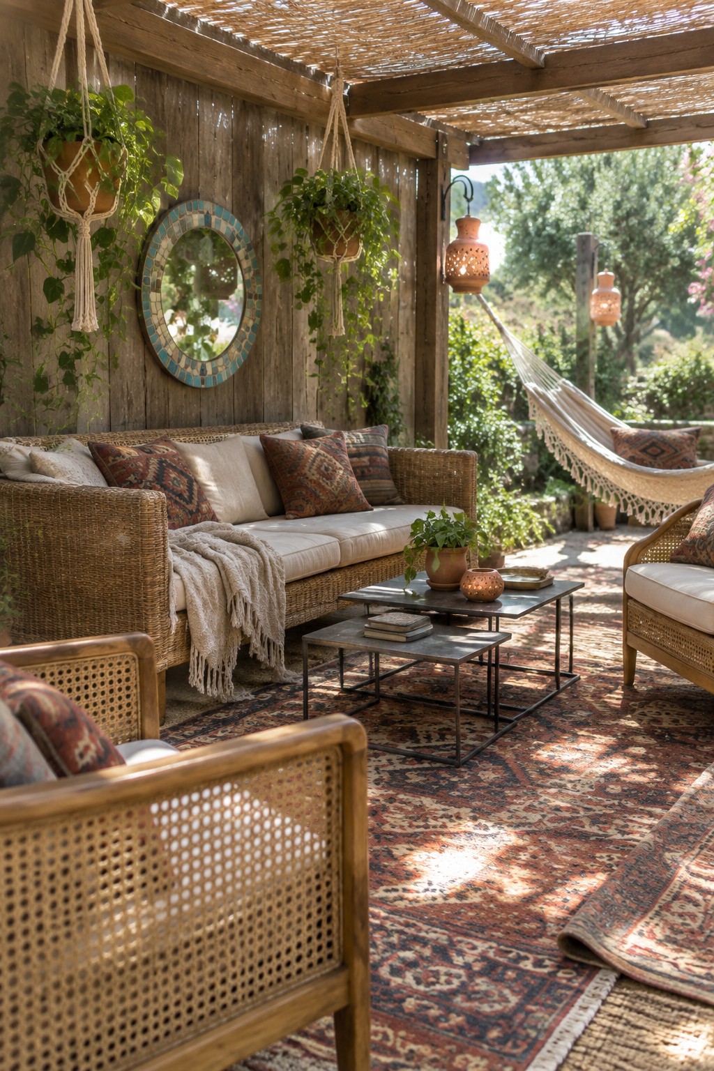 Sunlit bohemian patio with wicker sofa, hanging plants, mosaic mirror, and layered rugs