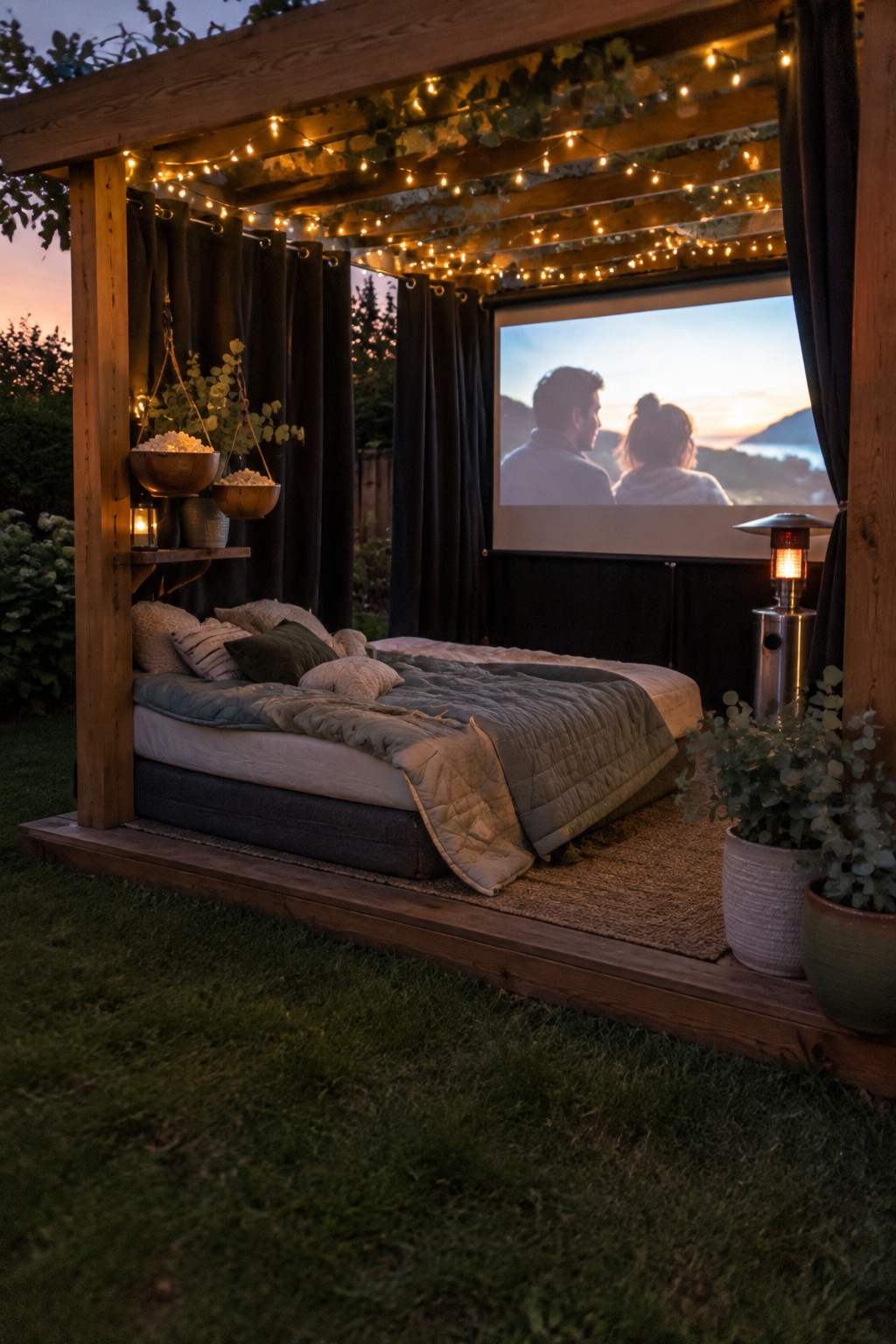 Cozy outdoor bed with string lights, projector screen, popcorn bowls under wooden pergola at dusk