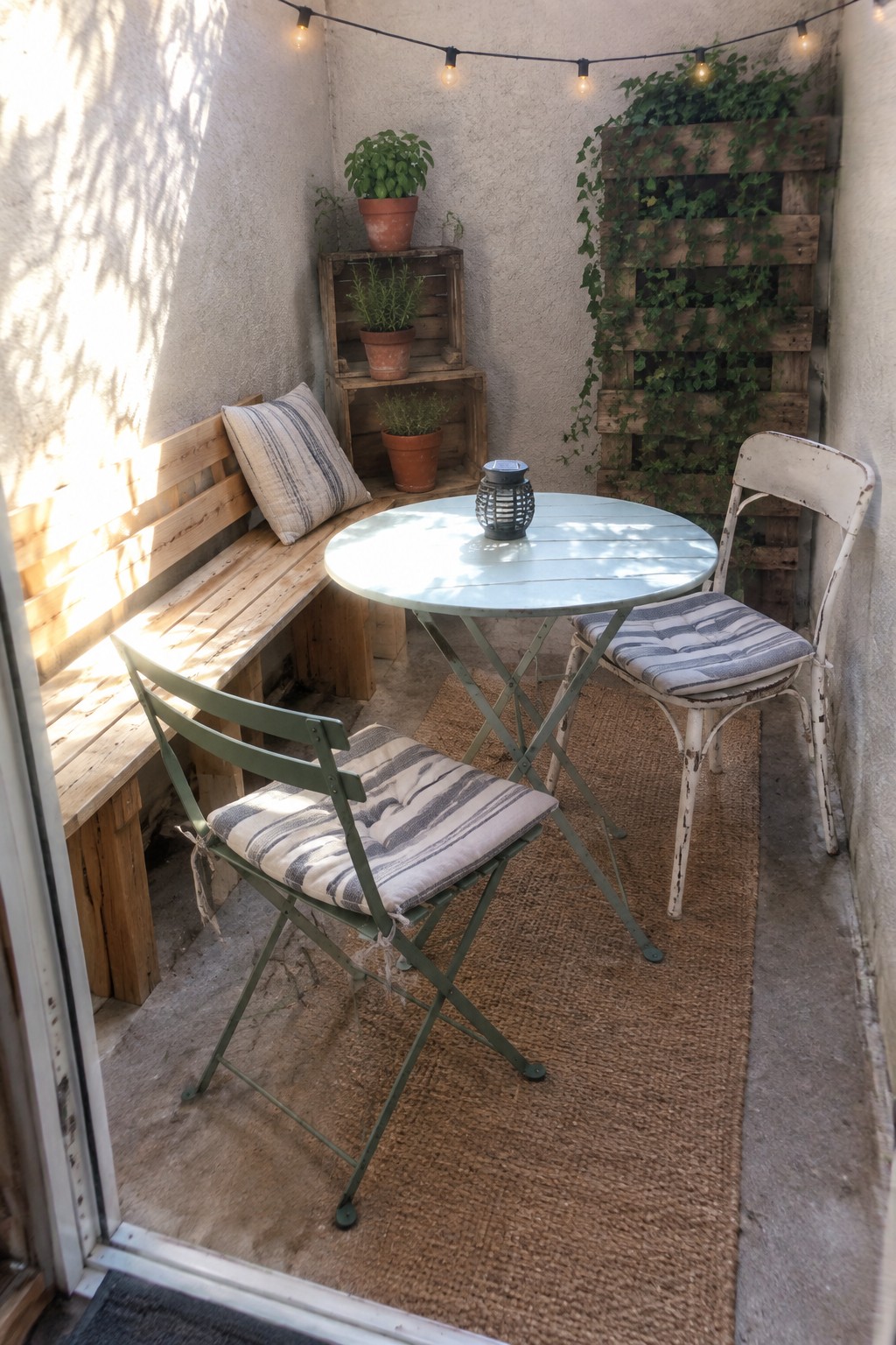 A small outdoor patio with a wooden bench along the wall, a round table, two folding chairs, potted plants on crates, a jute rug, and string lights overhead.