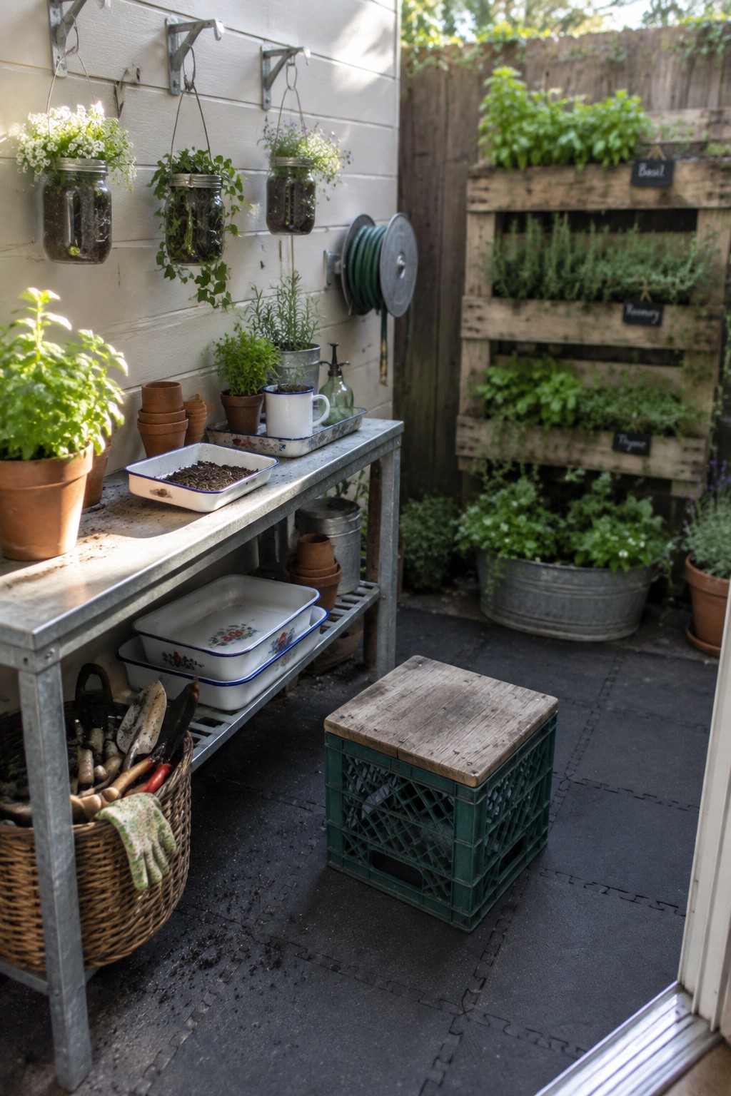 An outdoor patio with a metal potting table holding trays and small plants, hanging mason jars on the wall, a green crate stool, and a wooden pallet herb garden in the background.
