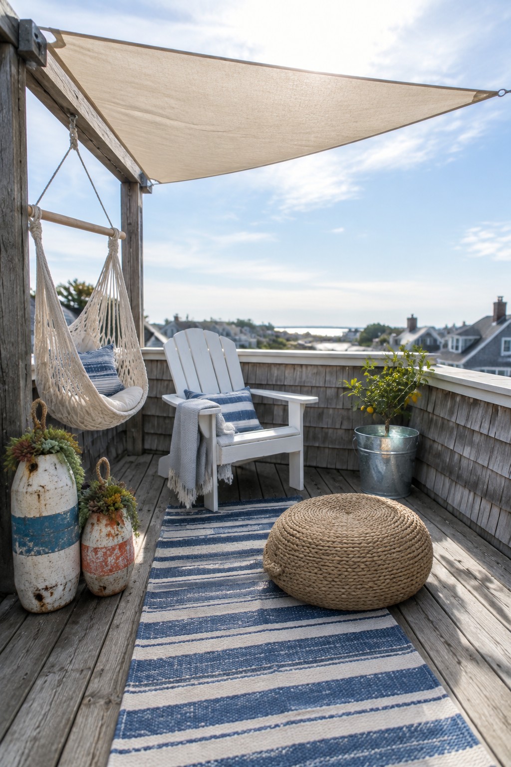 A small wooden balcony features a large beige shade sail overhead, a white Adirondack chair, a hanging rope chair, a blue and white striped rug, and a woven pouf.
