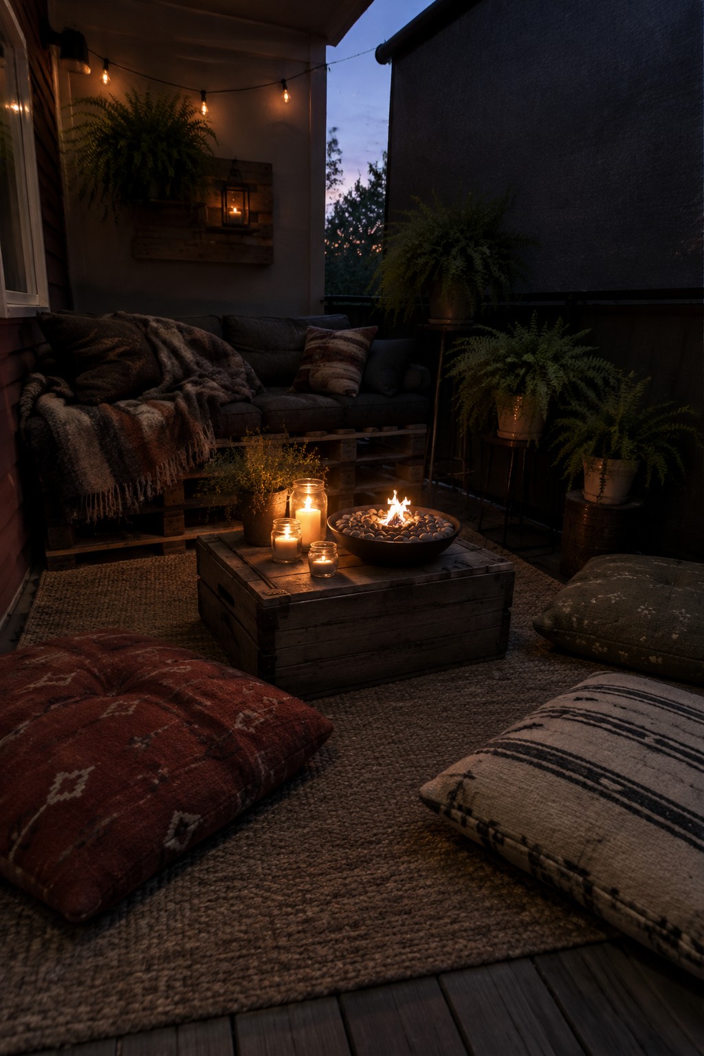 A small outdoor patio at dusk featuring a fire pit bowl on a wooden crate, surrounded by floor cushions on a woven rug, with string lights and potted plants nearby.