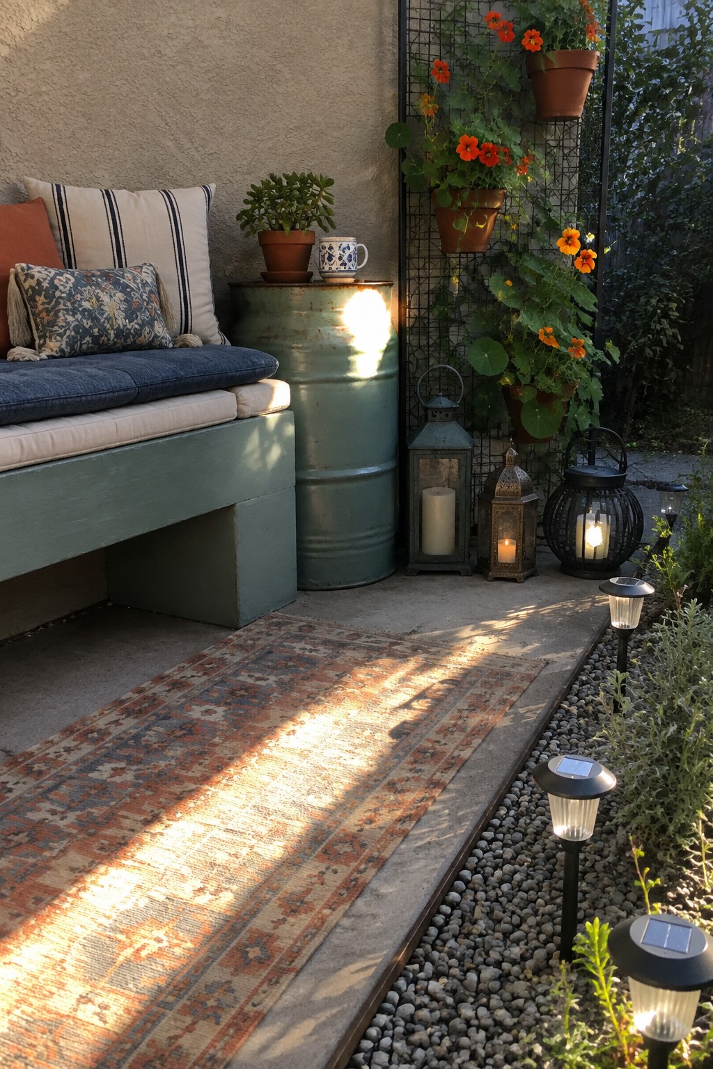 A small patio with a patterned rug on concrete, a green bench with cushions, a metal barrel, several lit lanterns, and potted plants climbing a trellis.