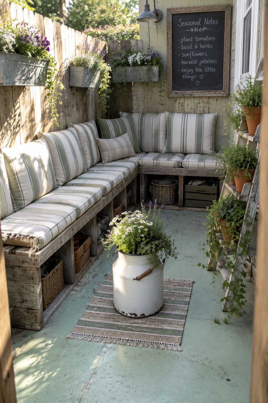 Rustic wooden corner bench with green striped cushions, chalkboard, potted plants on green patio
