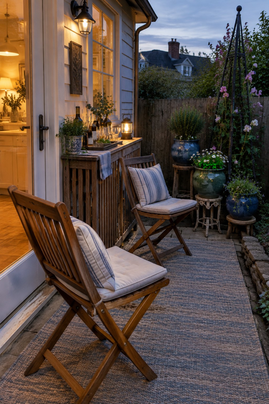 Two wooden folding chairs with striped cushions sit on a long woven rug outside a house, next to a wooden bar setup and several potted plants.