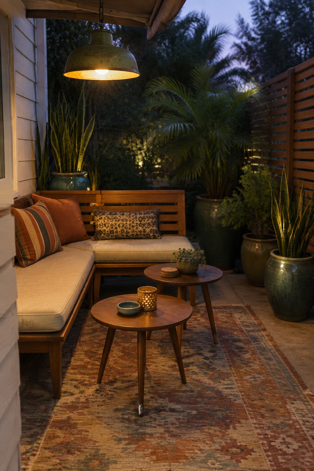 Cozy wooden bench with cushions on patterned rug under glowing hanging lamp at dusk