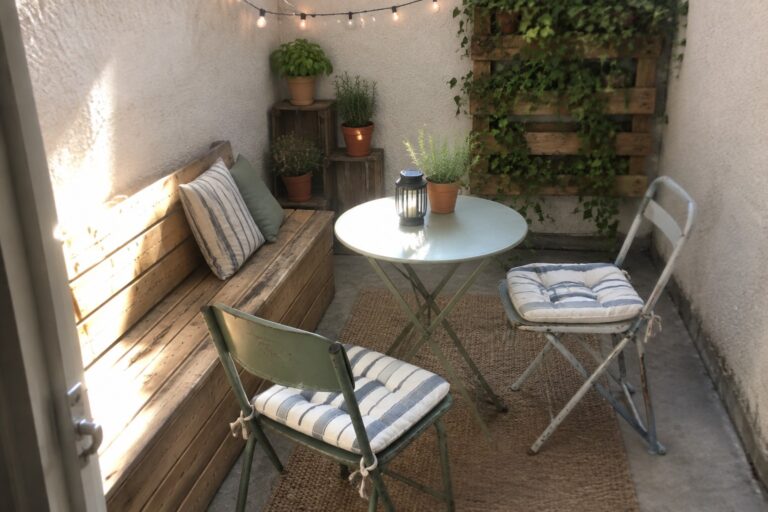 19 Simple Patio Decorating Ideas for Small Spaces on a Budget A small outdoor patio with a wooden bench along the wall, a round table, two folding chairs, potted plants on crates, a jute rug, and string lights overhead.