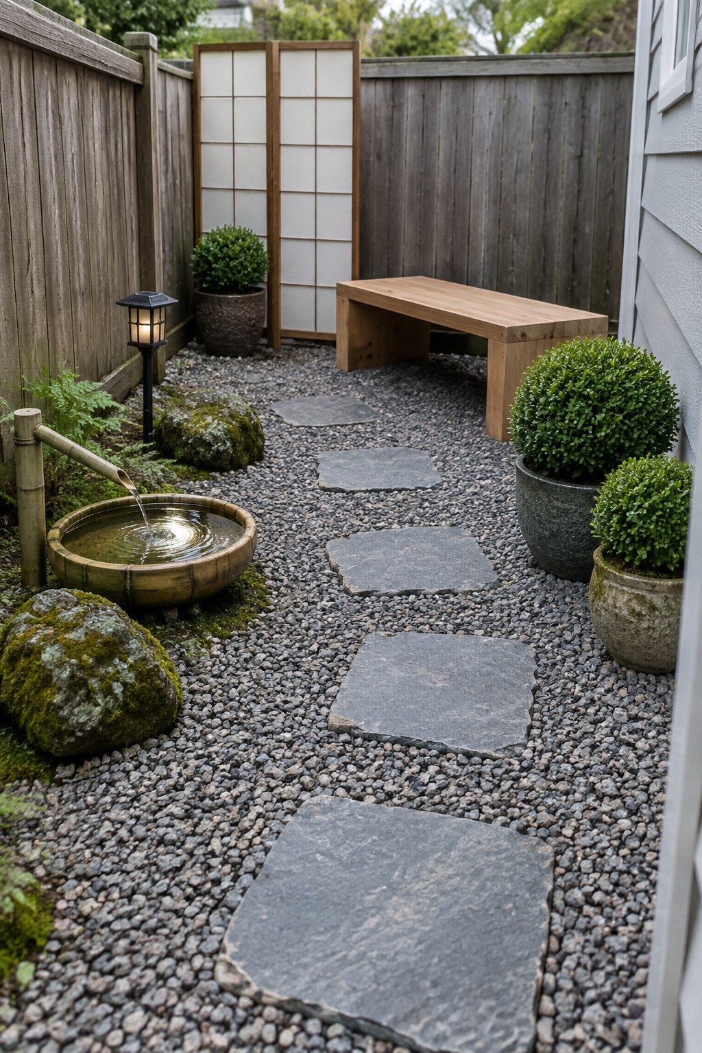 A small gravel courtyard with irregular stone stepping stones forming a path, a wooden bench, potted shrubs, a bamboo water feature, and wooden fencing in the background.