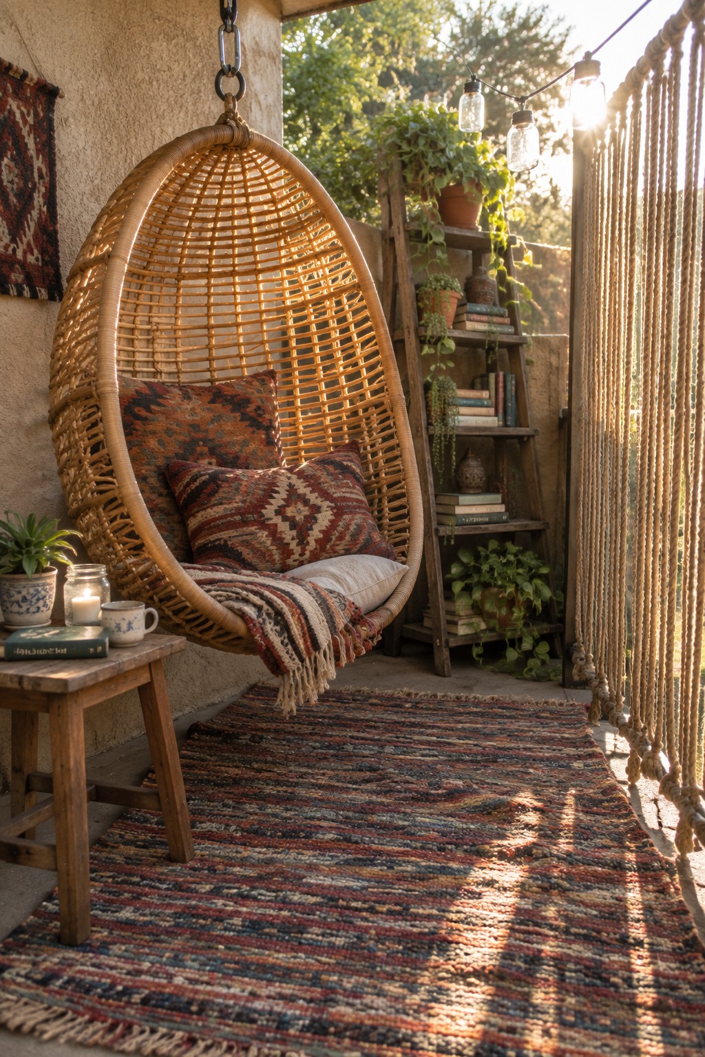 A woven hanging chair with patterned cushions sits above a striped rug on a patio next to a small wooden table with a cup and plant.