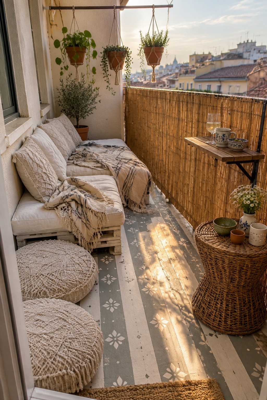 A narrow balcony features a pallet sofa with white cushions and throws, several hanging potted plants suspended from a rod, a small wall-mounted table, and a woven stool with cups and bowls.
