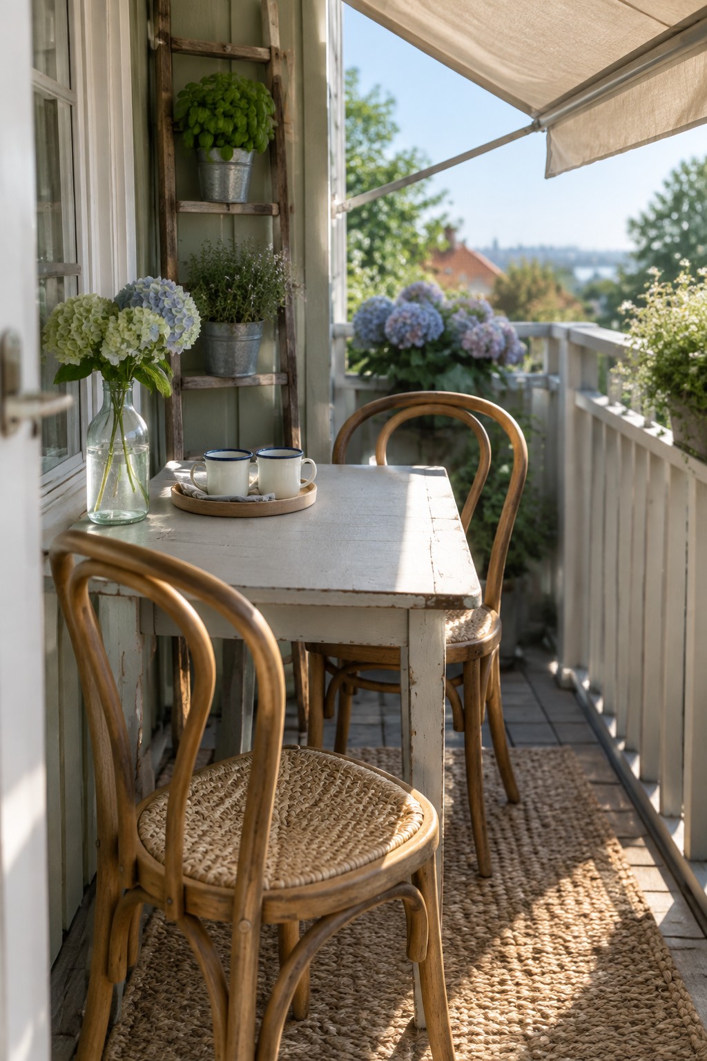 Cozy sunlit balcony with white table, wooden chairs, hydrangea vase, and herb ladder.
