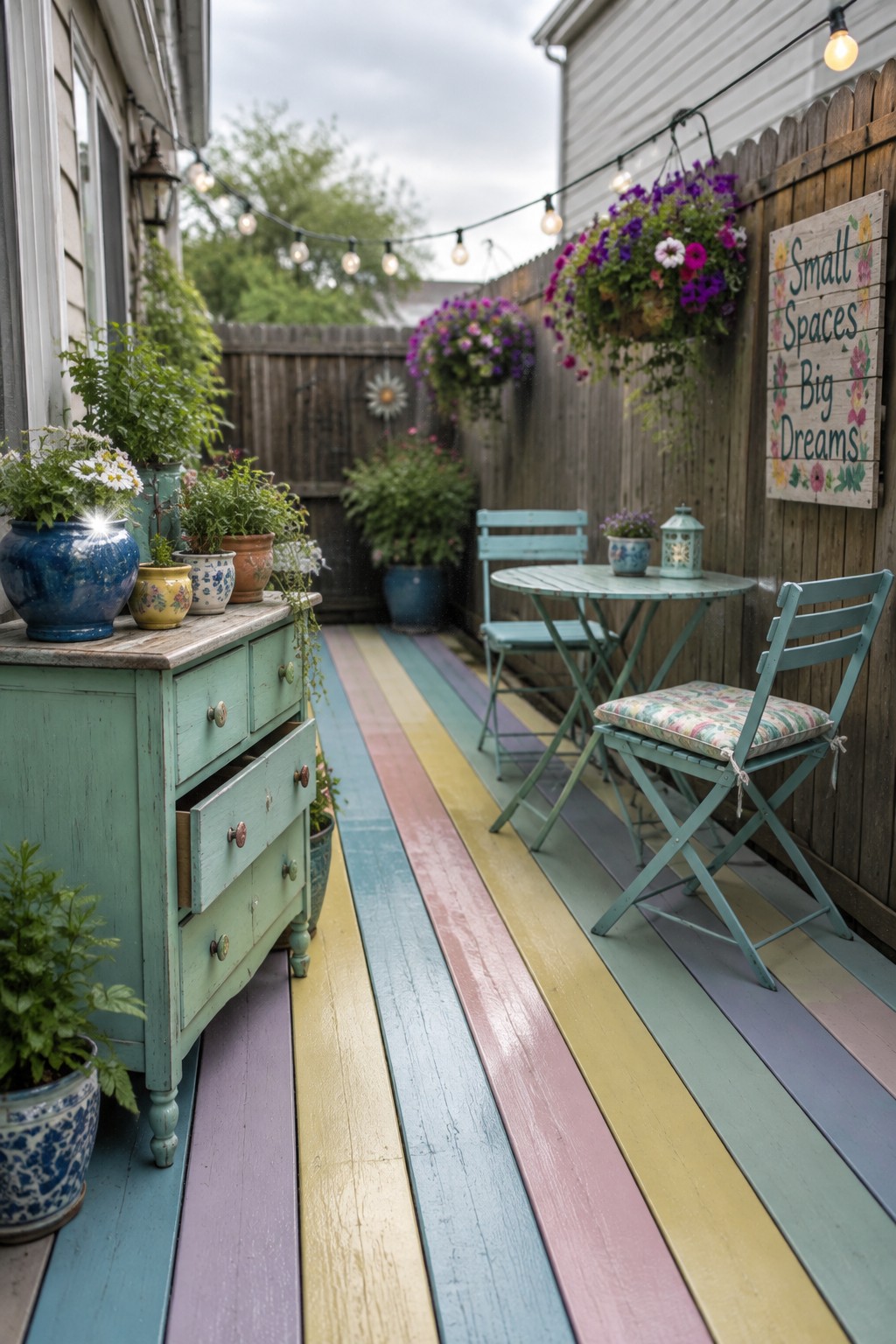 A narrow outdoor patio features a multicolored striped wooden floor, a turquoise bistro table with two chairs, a green painted dresser holding potted plants, and hanging baskets of flowers along a wooden fence.