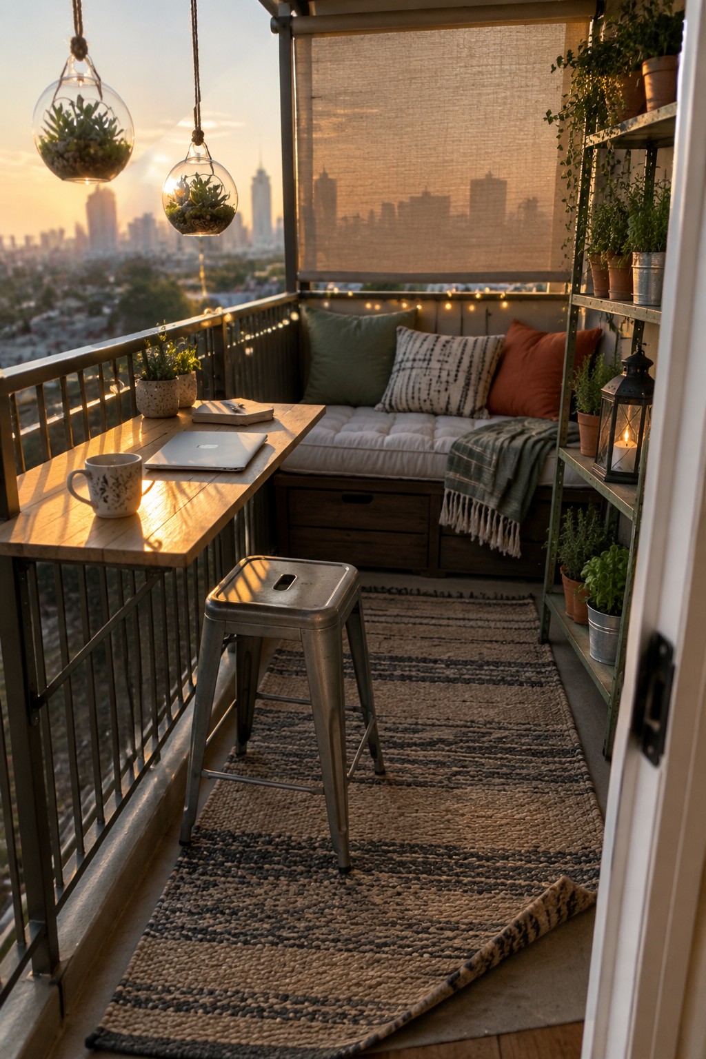 Cozy sunset balcony with wooden table, metal stool, cushioned bench, plants, and city skyline.