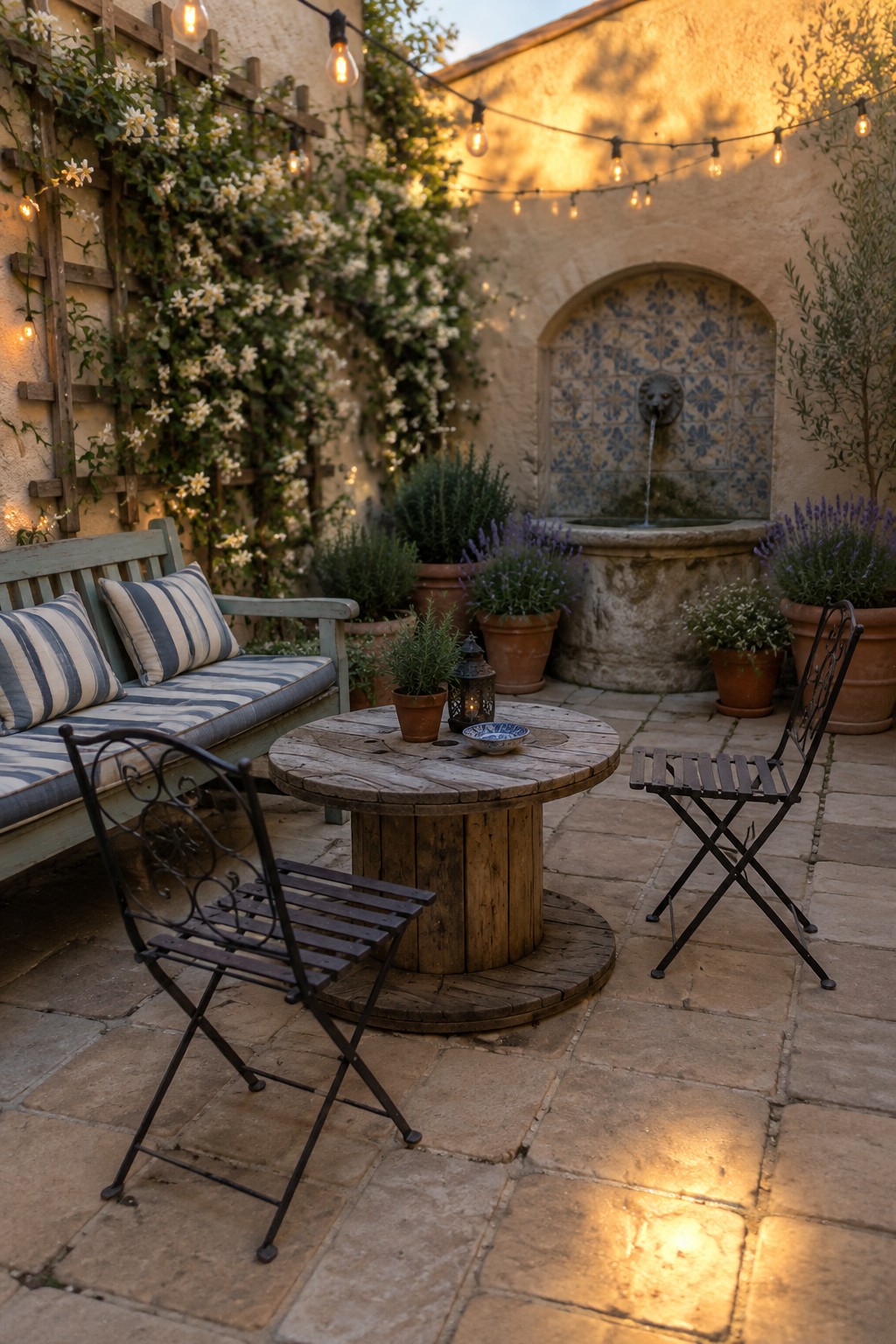A small paved patio featuring a round wooden cable spool used as a table, two black metal folding chairs, a cushioned wooden bench, potted lavender and herbs, string lights, and a stone fountain with blue tiles in the background.