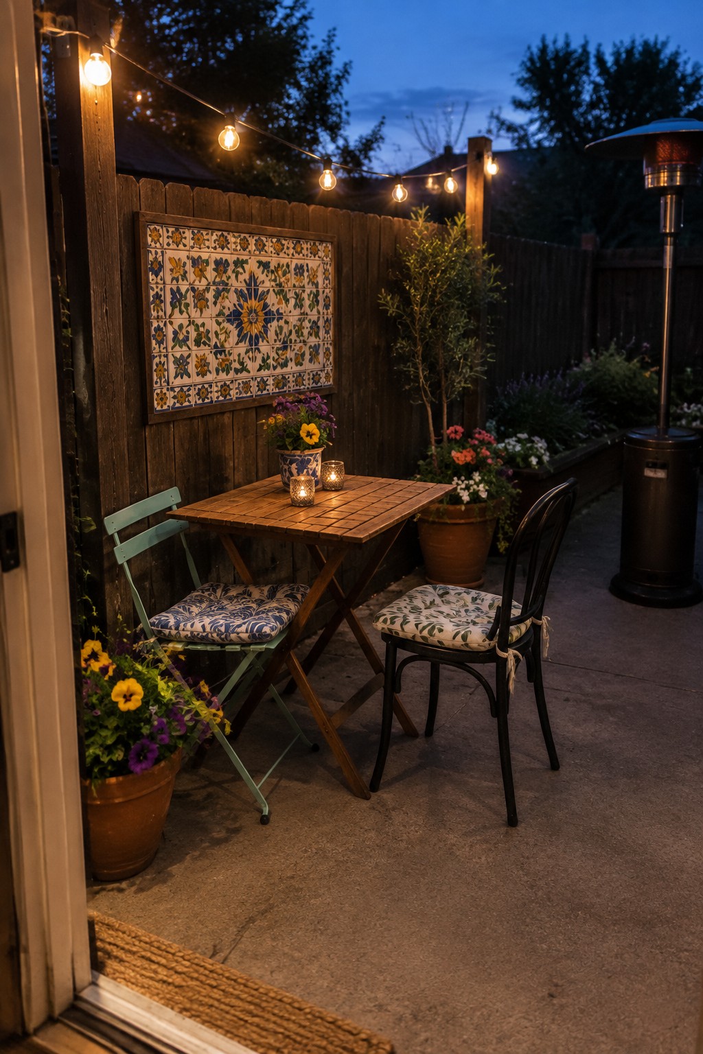 A small wooden folding table with two chairs sits on a concrete patio under string lights, with potted plants and a decorative tile panel on the wooden fence behind it.