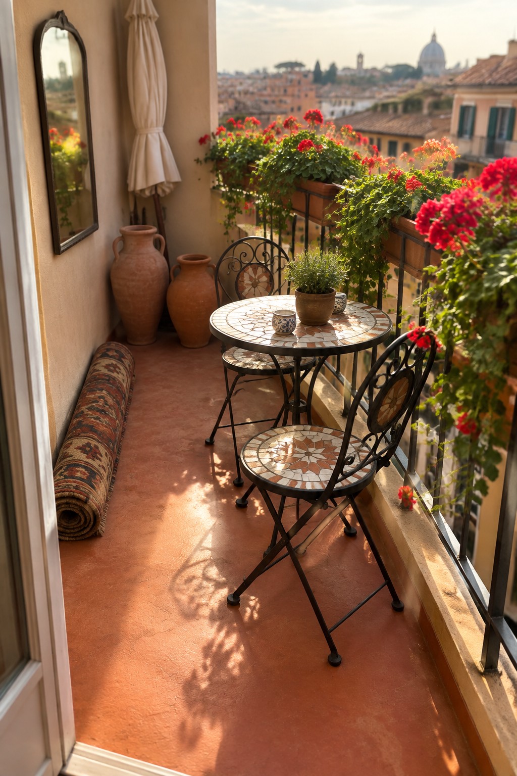 A small balcony with a mosaic tile bistro table and two black metal chairs, terracotta floor, rolled rug, and red flowers in pots along the railing overlooking rooftops.