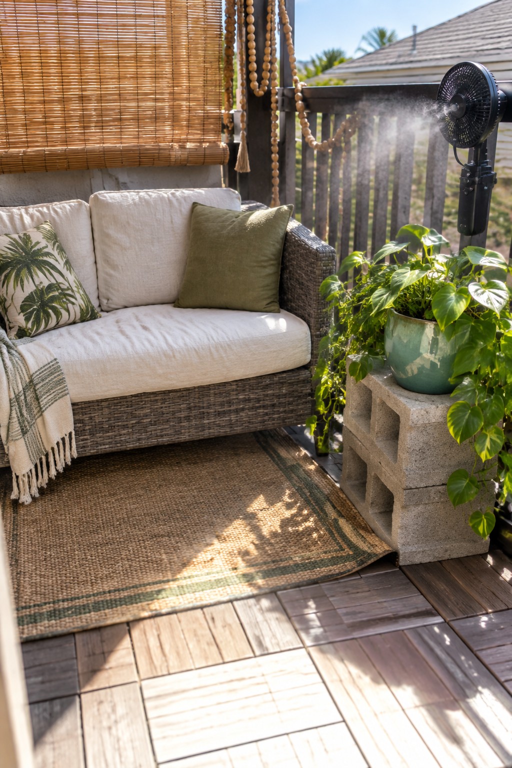 A small patio with a sofa on a woven rug, potted plants on stacked cinder blocks, and a misting fan on the right.