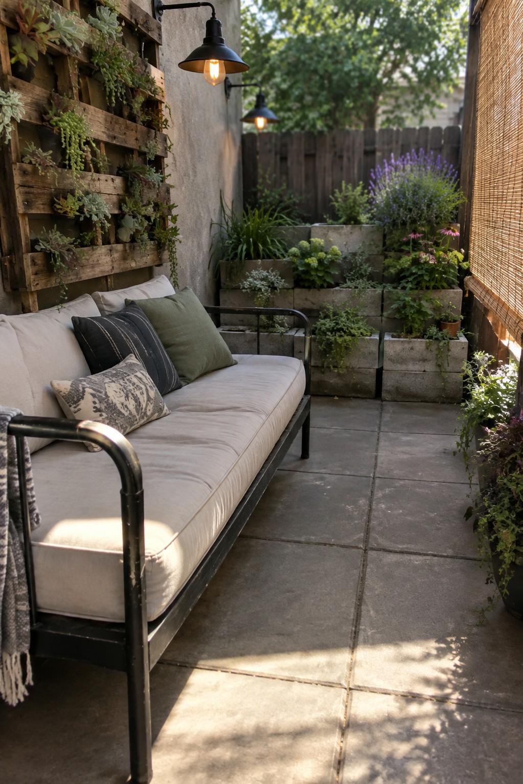 A small paved patio with a light fabric sofa on a black metal frame, a wooden pallet vertical garden on the left wall, and multiple stacked gray concrete blocks used as planters holding various green plants and purple flowers.