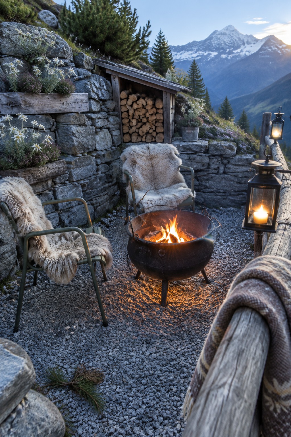 A black metal fire pit with a fire burning sits on gravel between two green metal chairs covered in light sheepskin, next to a low stone wall with stacked firewood and two lit lanterns on a wooden rail.