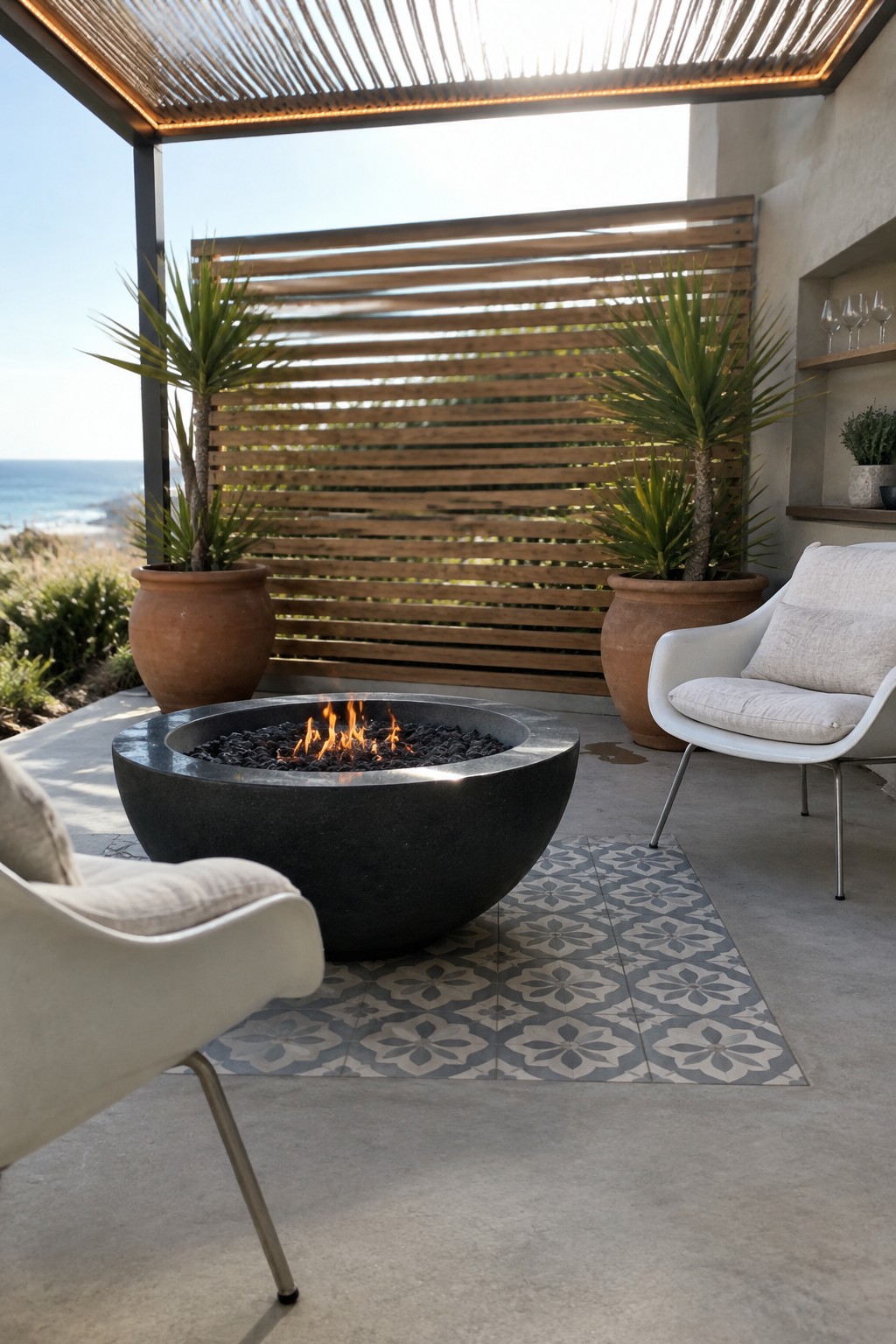 A round dark stone fire pit with active flames rests on a gray and white patterned tile mat between two white modern chairs on a concrete patio, with large potted plants and a wooden slat screen in the background.