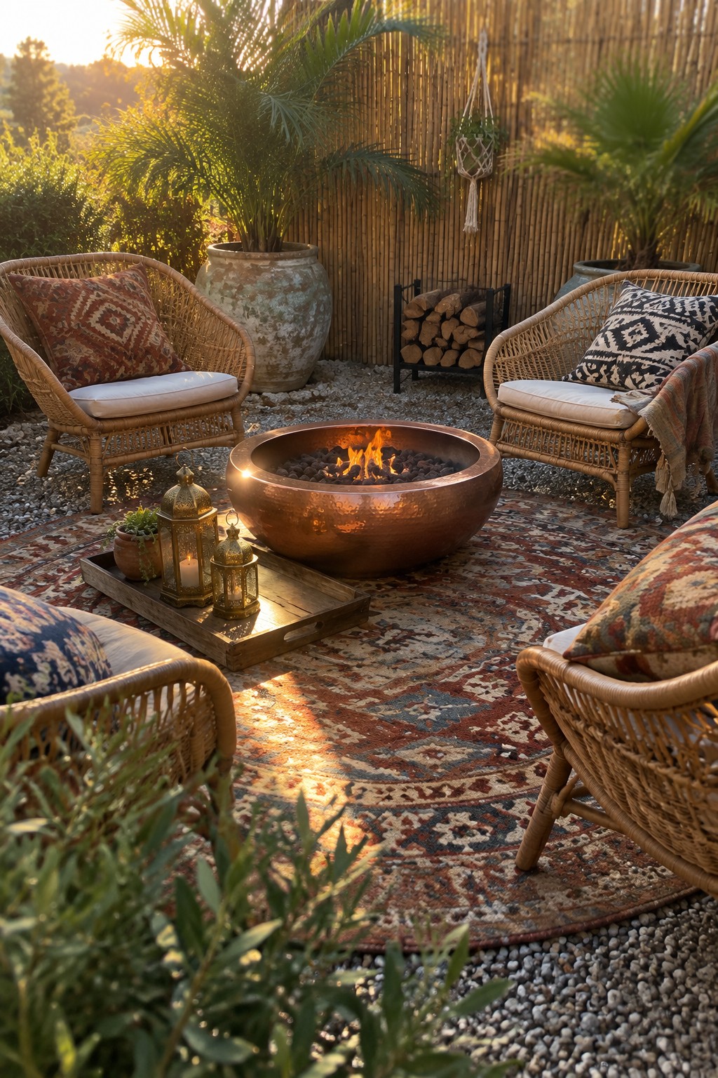 A round copper fire pit rests on a large patterned rug surrounded by wicker armchairs on a gravel patio with potted plants and a bamboo fence in the background.