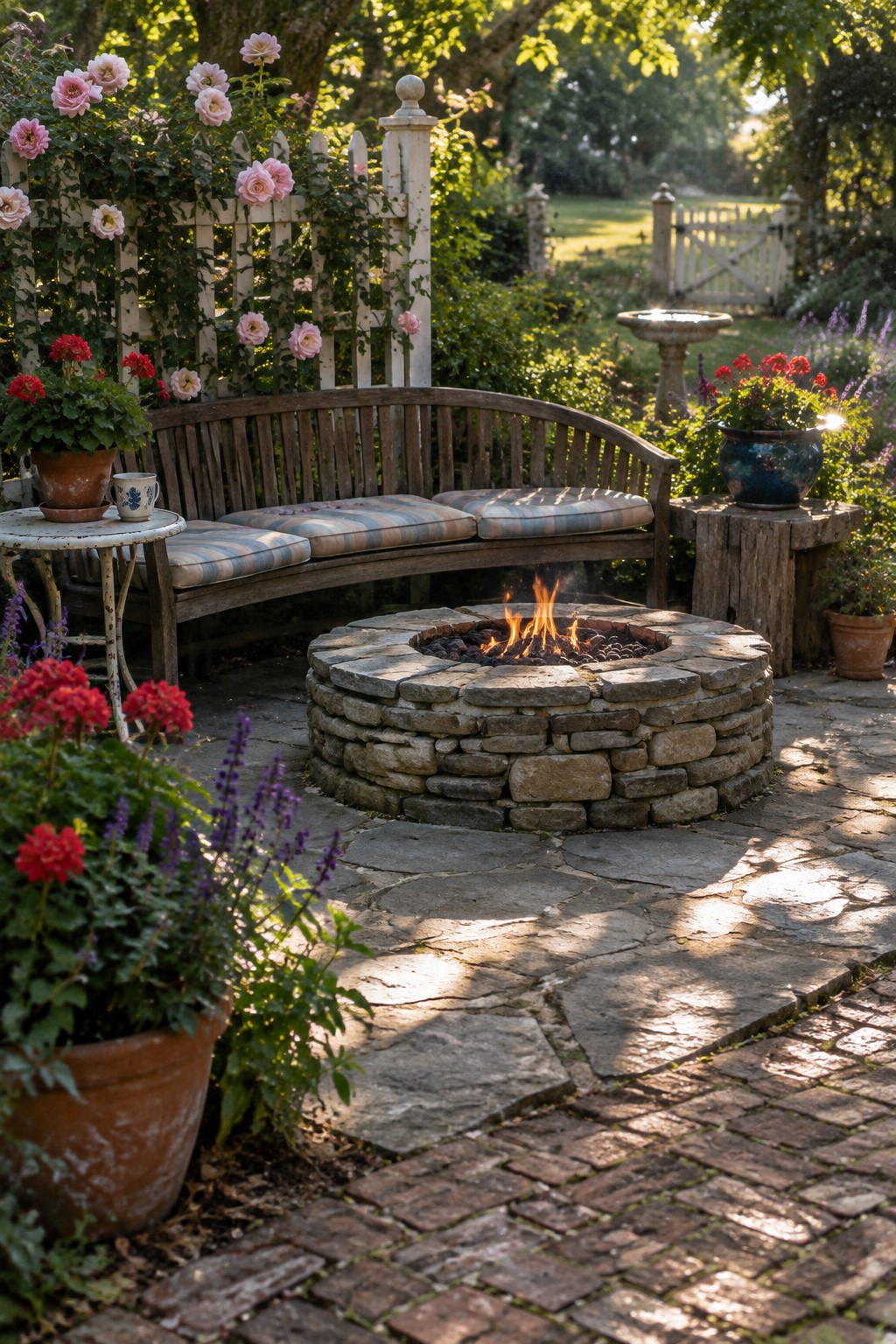 A circular stone fire pit with burning logs sits on a flagstone patio next to a curved wooden bench with striped cushions, surrounded by potted flowers and climbing roses on a white fence.