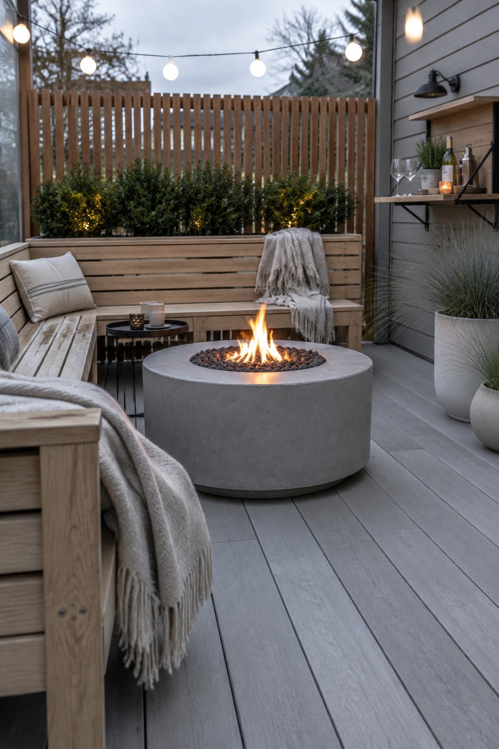 Cozy patio with lit concrete fire pit, wooden benches, string lights, and plants