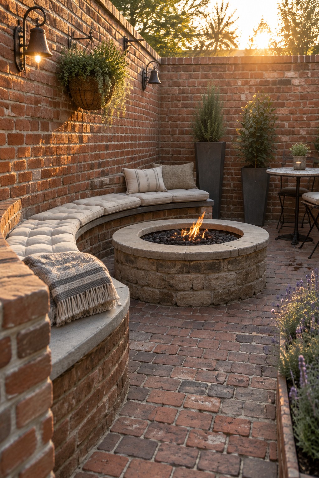 A small brick patio corner with red brick walls, a round stone fire pit with a burning fire, and a curved cushioned bench built along the walls.