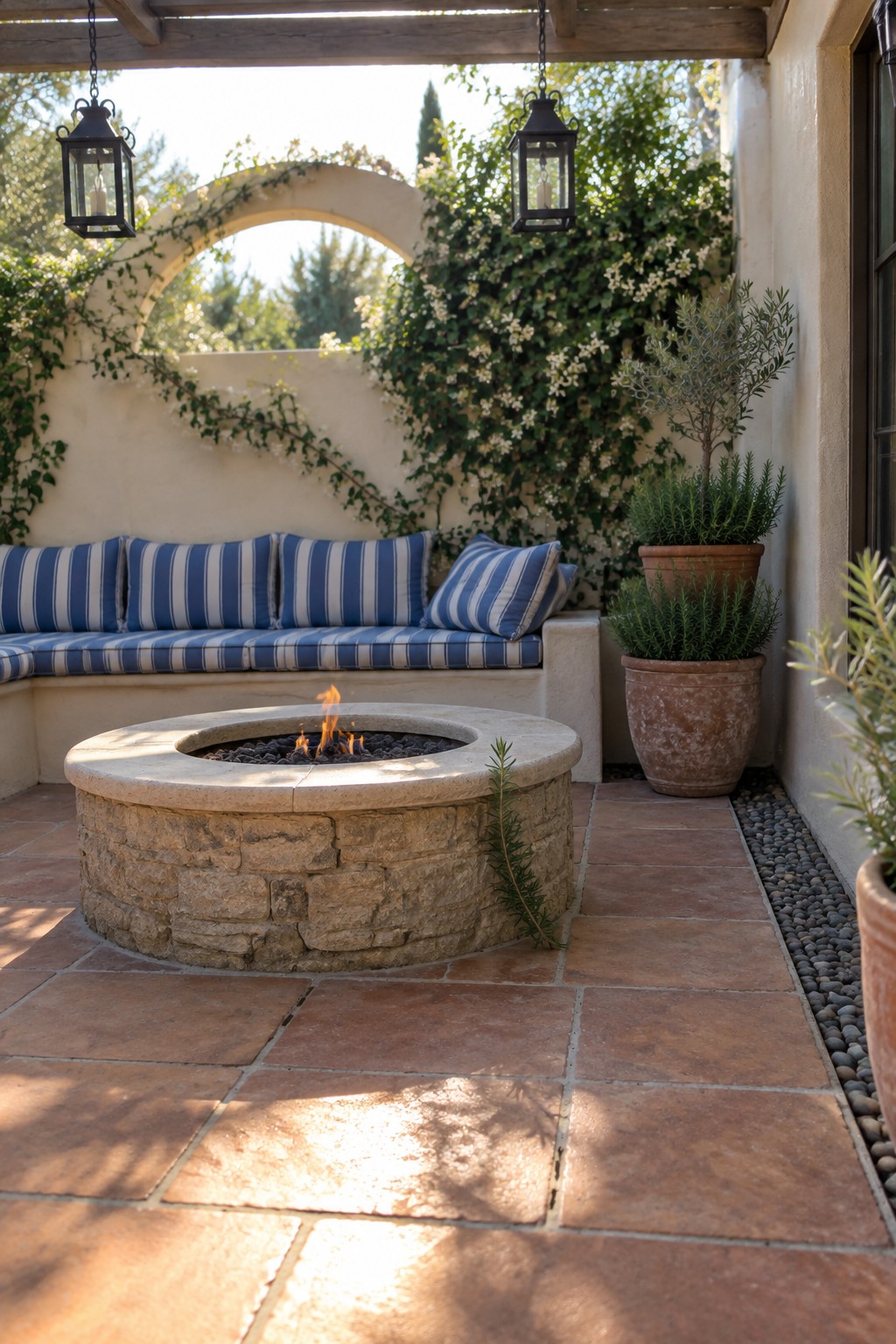 A circular stone fire pit on a terracotta tiled patio next to a built-in bench with blue and white striped cushions, potted plants, and hanging lanterns.