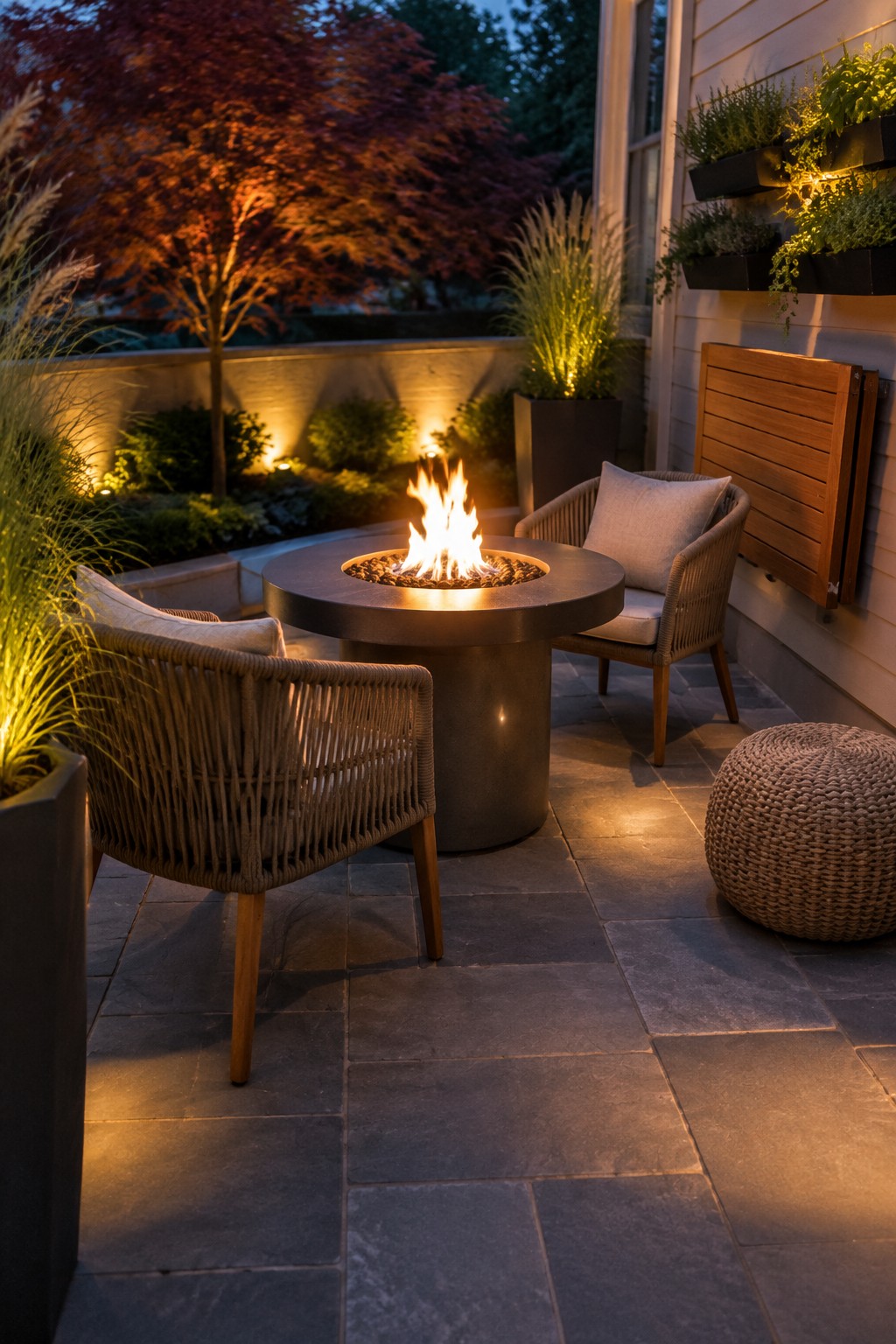 Modern patio with glowing fire pit, woven chairs, stone tiles, and evening garden lights