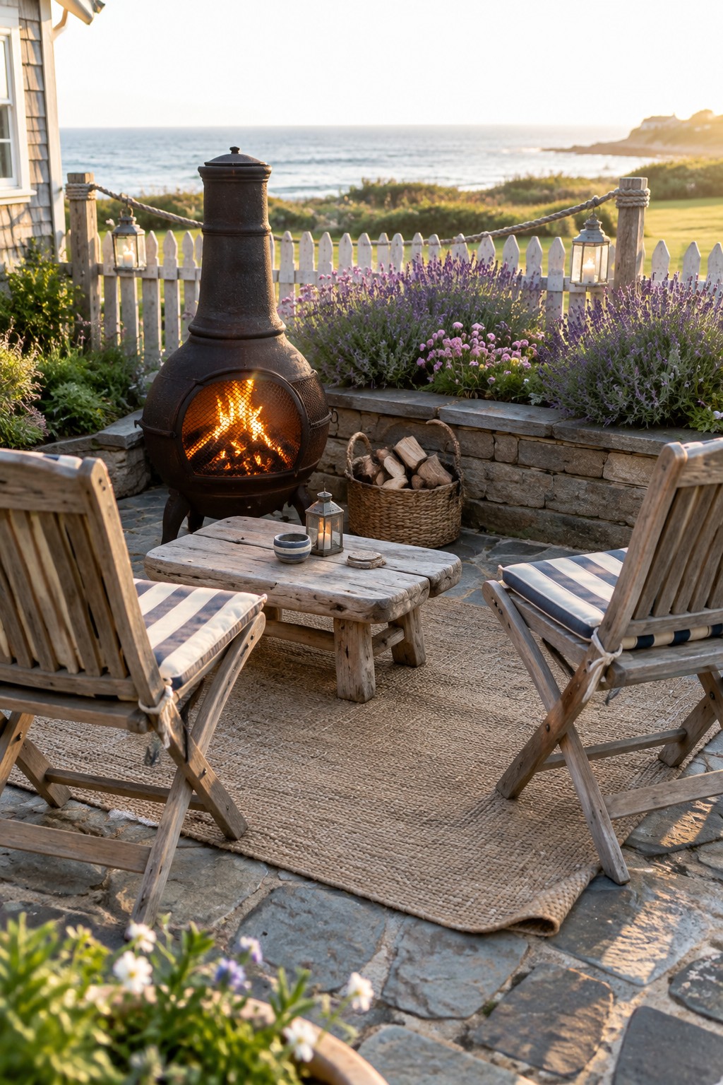 A small stone patio with a lit metal fire pit, two wooden folding chairs with striped cushions, a low wooden table, and a basket of firewood, set against a white fence with lavender and ocean views beyond.