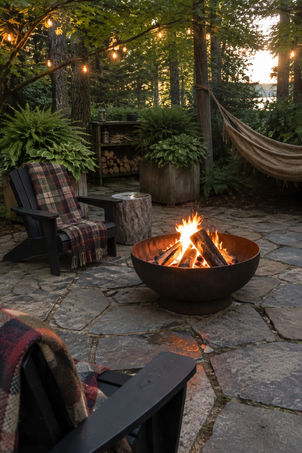 A round metal fire pit with burning logs sits on a stone patio surrounded by black Adirondack chairs with plaid blankets and string lights overhead.
