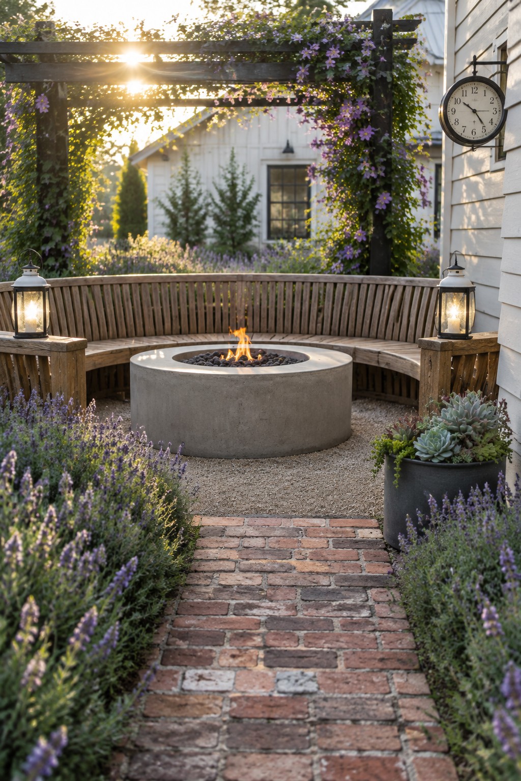 Cozy backyard fire pit with curved bench, lanterns, brick path, and purple blooms at sunset.