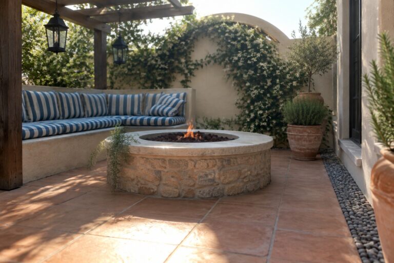 17 Small Patio Fire Pit Ideas for Cozy Outdoor Gatherings A circular stone fire pit on a terracotta tiled patio next to a built-in bench with blue and white striped cushions, potted plants, and hanging lanterns.
