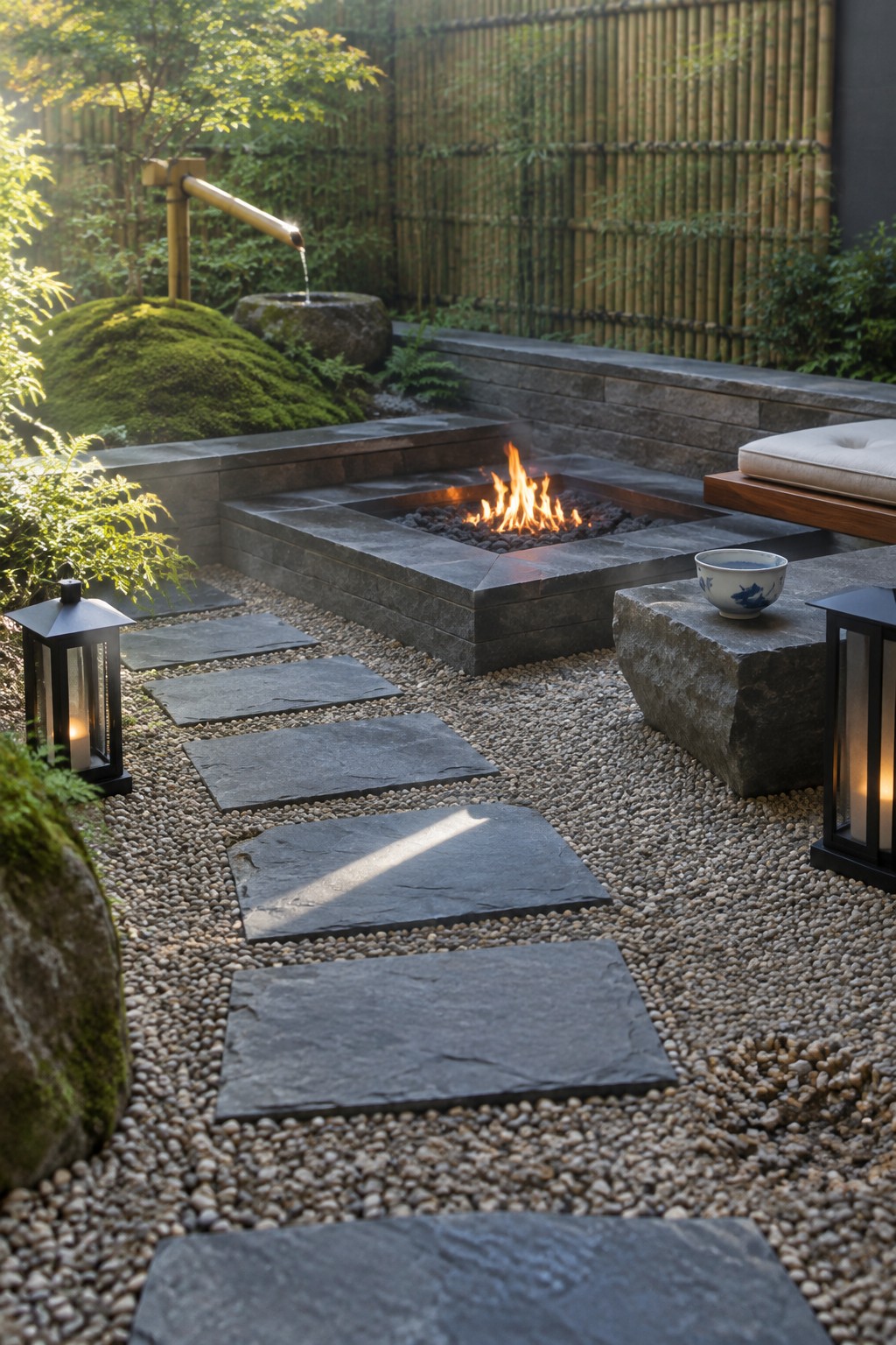 A square stone fire pit with active flames sits in a gravel courtyard, with dark stepping stones forming a path, black lanterns on either side, and a bamboo fence in the background.
