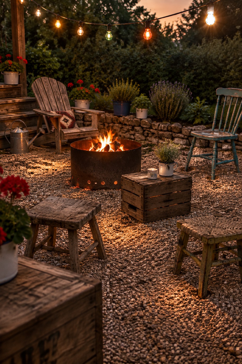 A round metal fire pit sits on gravel in a small backyard patio, surrounded by a mix of wooden chairs, stools, and a crate table, with string lights overhead.
