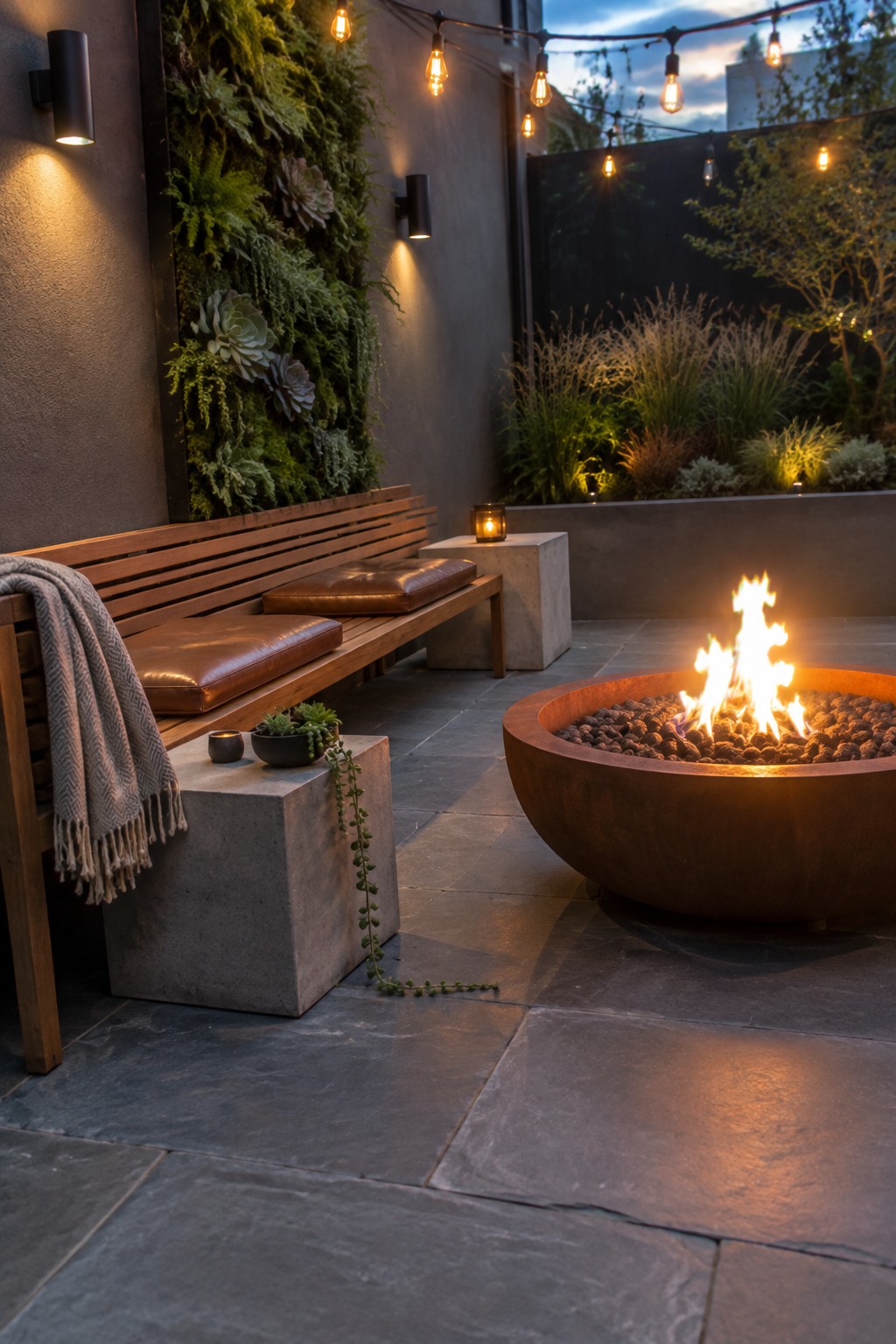 A small paved patio with a round metal fire pit burning, a wooden bench with brown cushions against a vertical garden wall, string lights overhead, and concrete side tables.