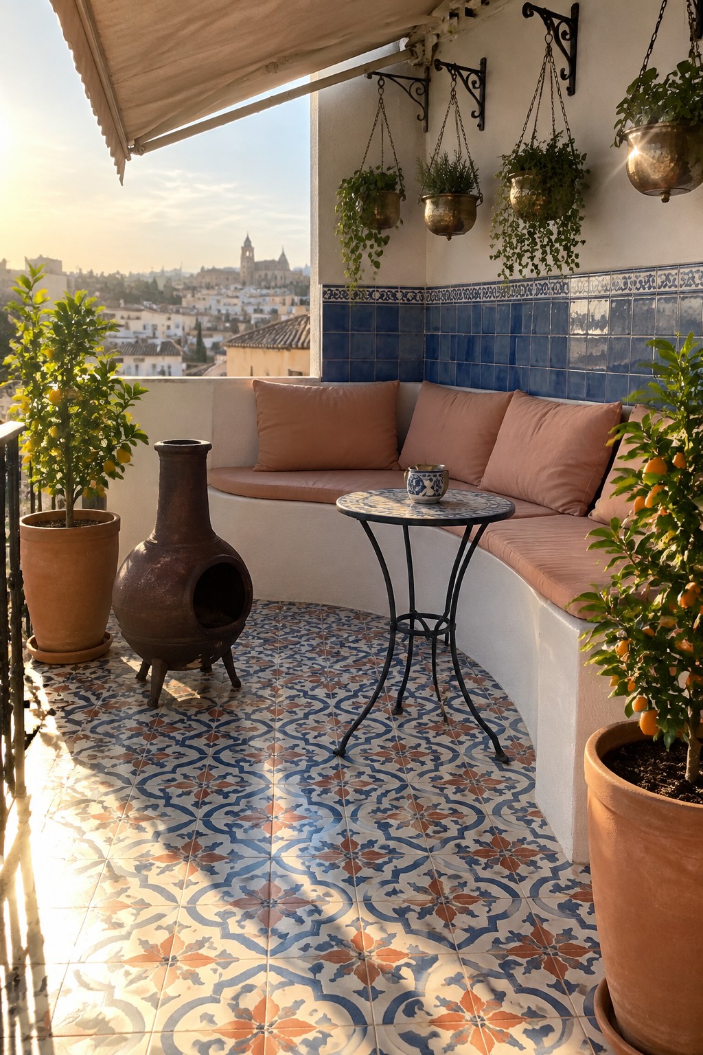Sunny terrace with patterned tiles, pink cushions, potted citrus trees, and city view.
