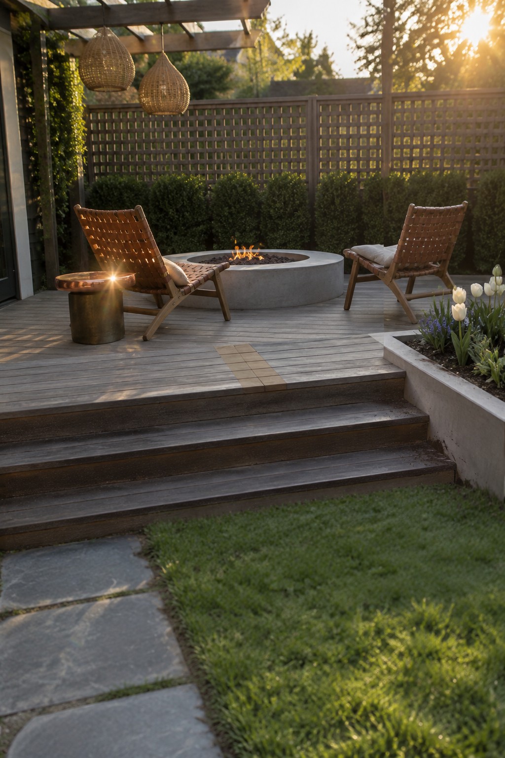A round concrete fire pit rests on a wooden deck between two woven lounge chairs, with steps leading down to a lawn.