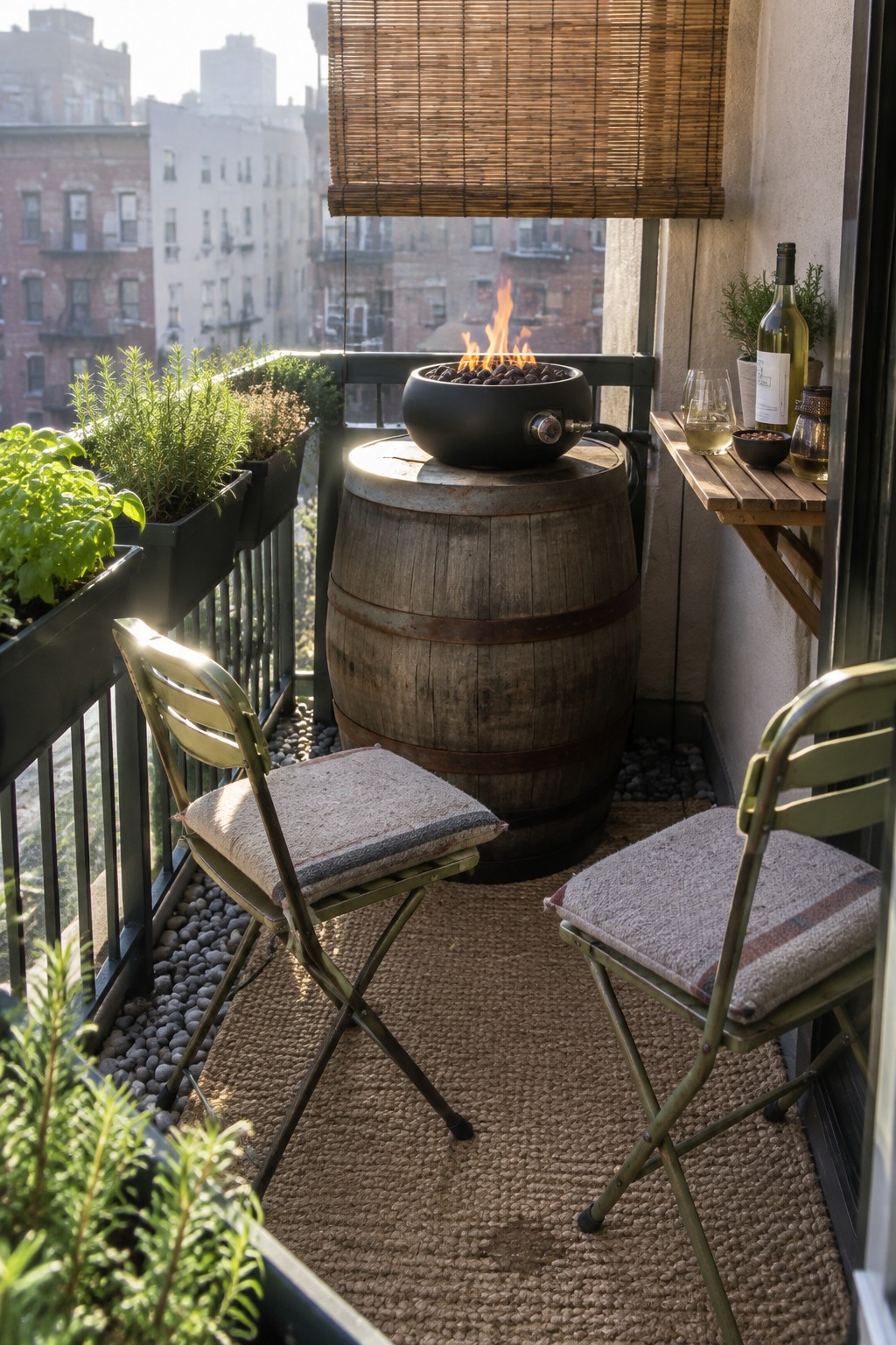 Balcony with barrel fire pit, two green folding chairs, wine setup, and city view