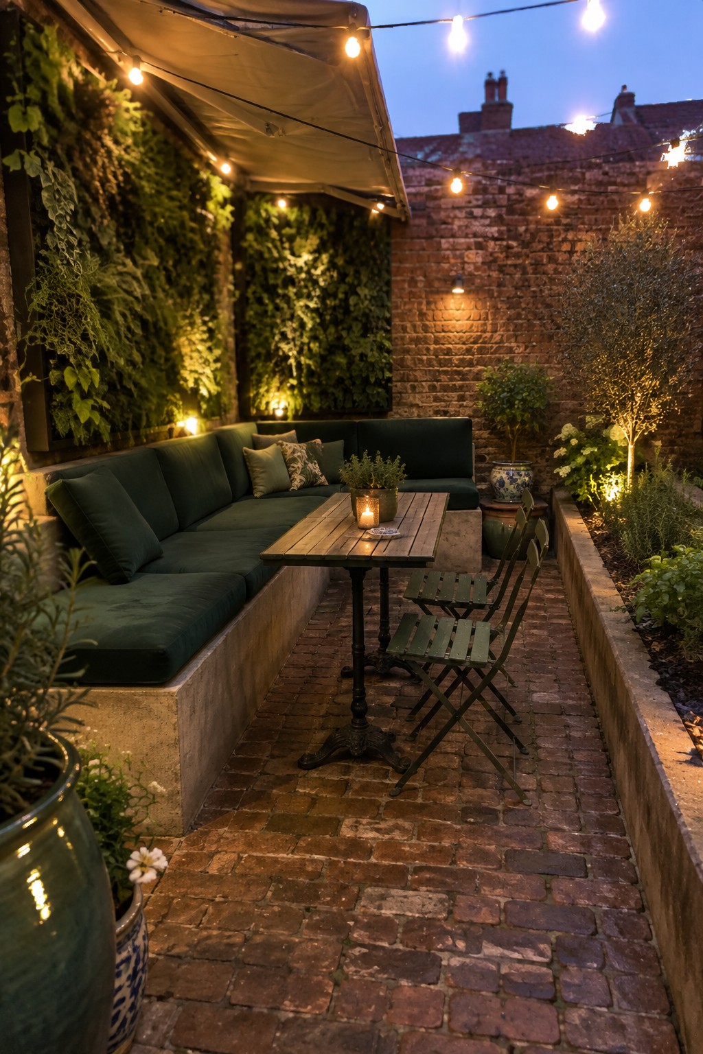 A brick patio at dusk with a dark green built-in sofa along a plant-covered wall, a wooden dining table with green metal chairs, string lights overhead, and vertical gardens on the brick walls.