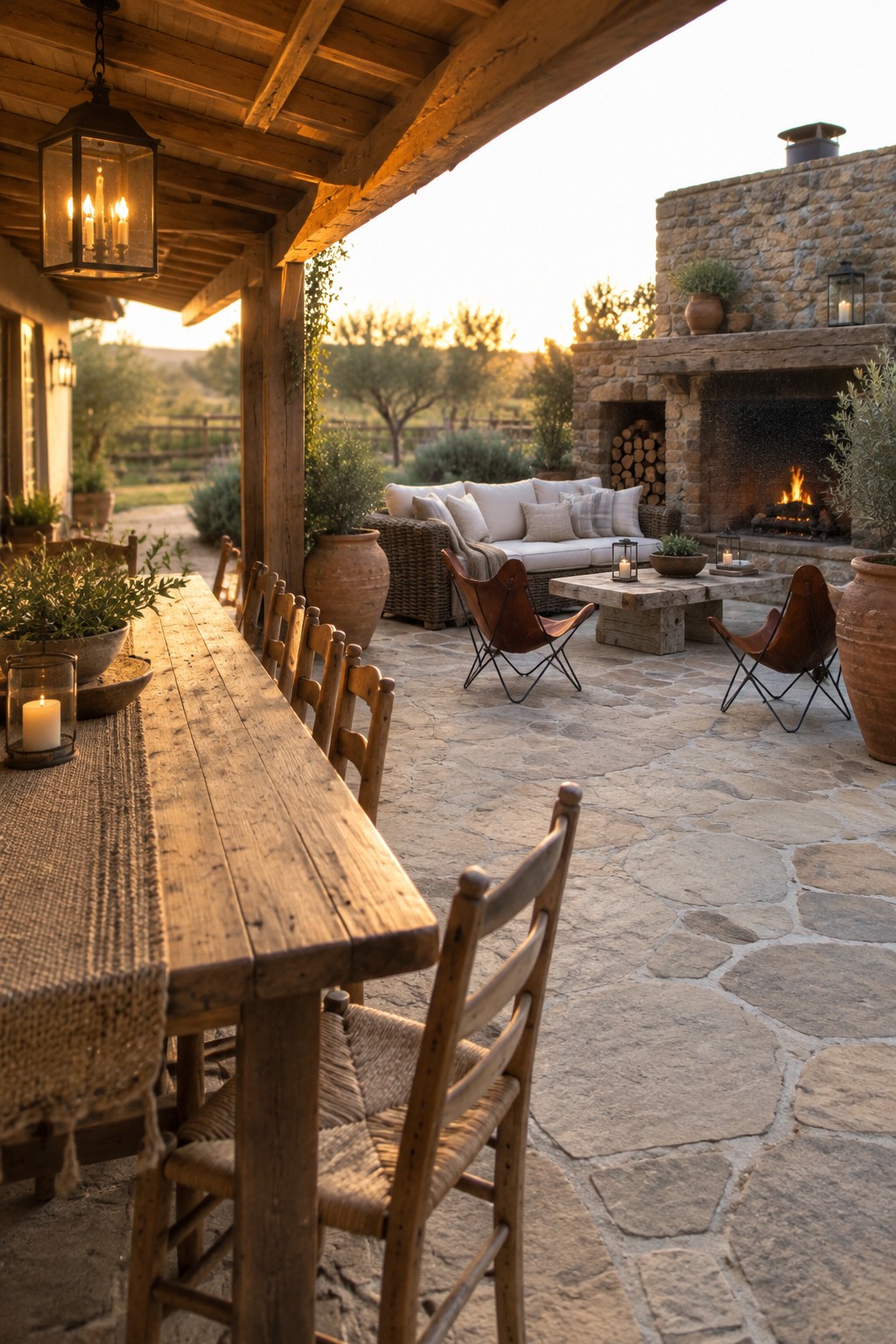 A covered stone patio with a long wooden dining table and chairs in the foreground and a separate lounge area with sofa and butterfly chairs arranged around a coffee table near a stone fireplace.