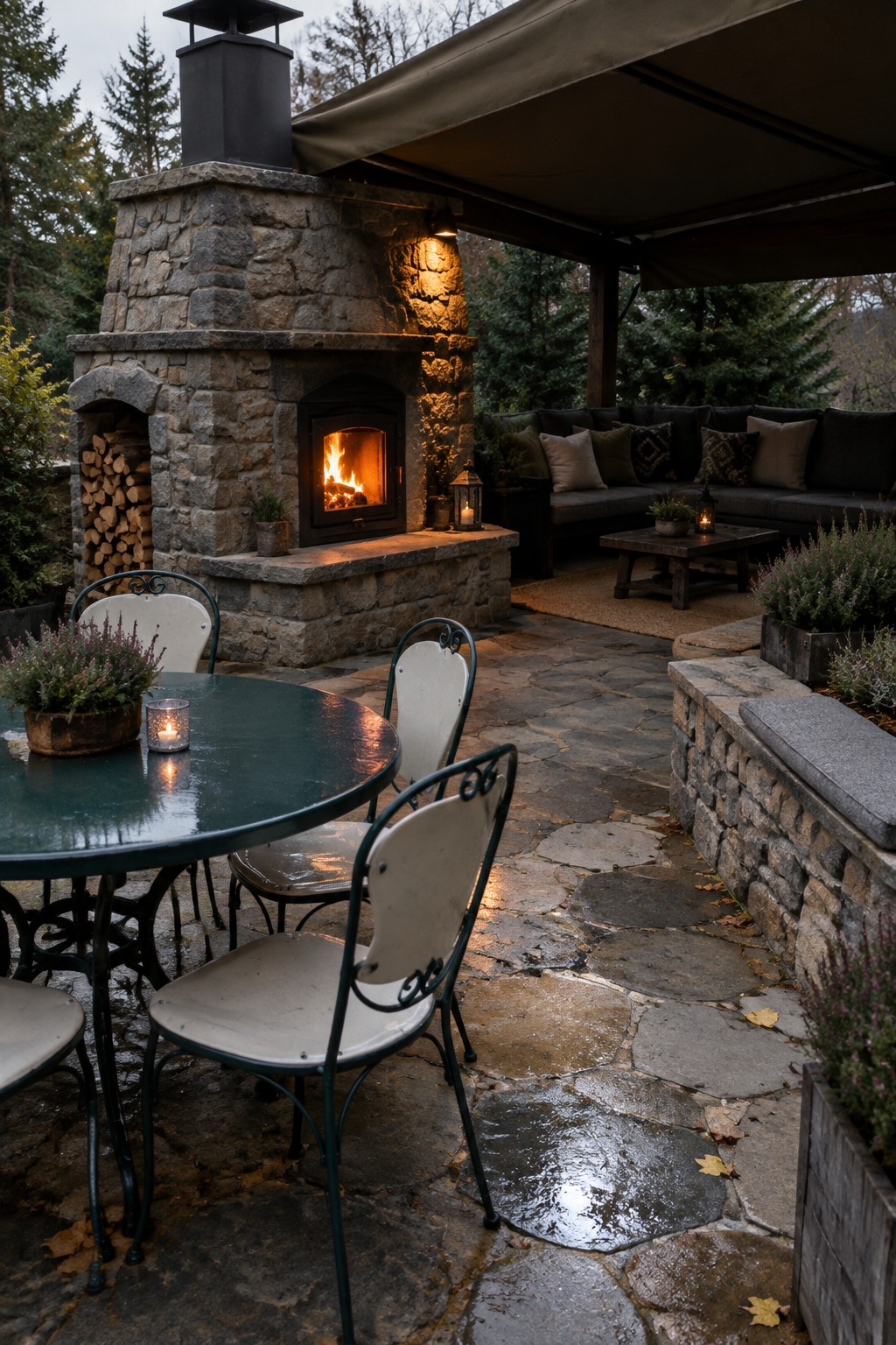 Cozy stone patio with burning fireplace, green table, sofa, and wet flagstones at dusk