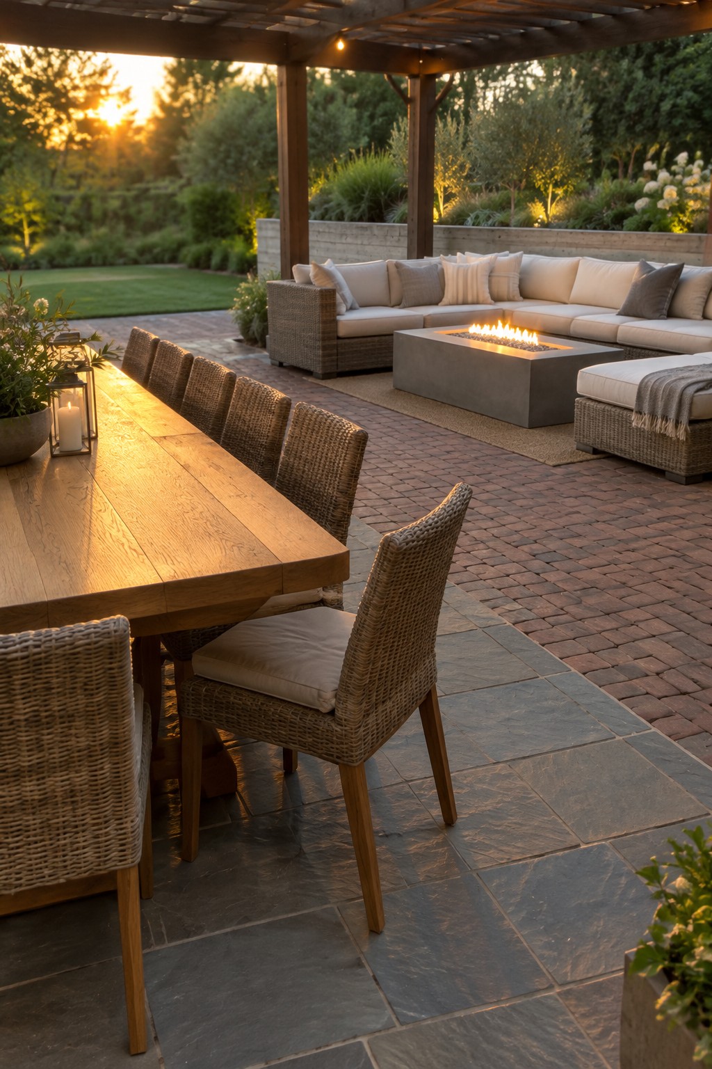 Outdoor patio with wooden dining table, wicker chairs, and glowing fire pit at sunset